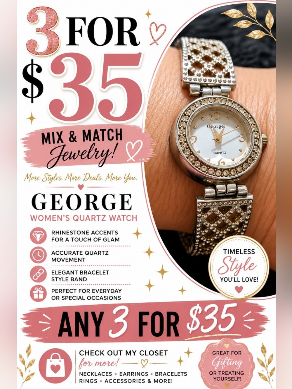 George Women’s Rhinestone Watch Gold Tone Quartz Dress Watch Bracelet Style
